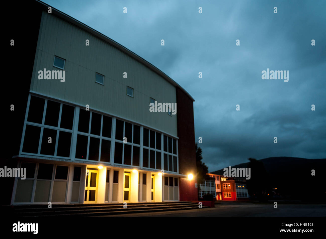 Great Hall of Sandfields Comprehensive School at night. Stock Photo