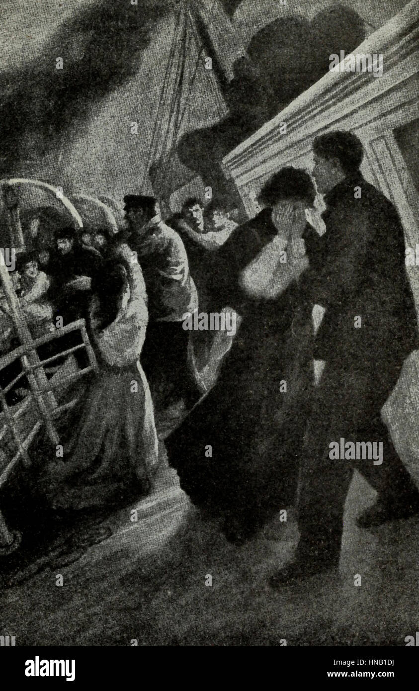 The Sad Parting - The Last Goodbyes - Placing women in the lifeboats while the Titanic was sinking Stock Photo