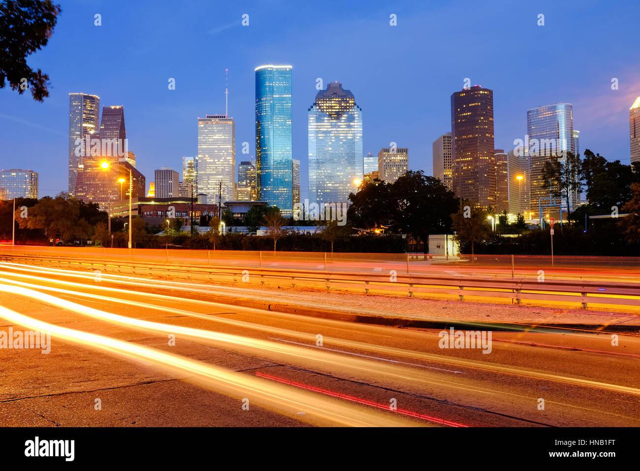 View of Downtown Houston city, Texas in a beautiful day at night Stock