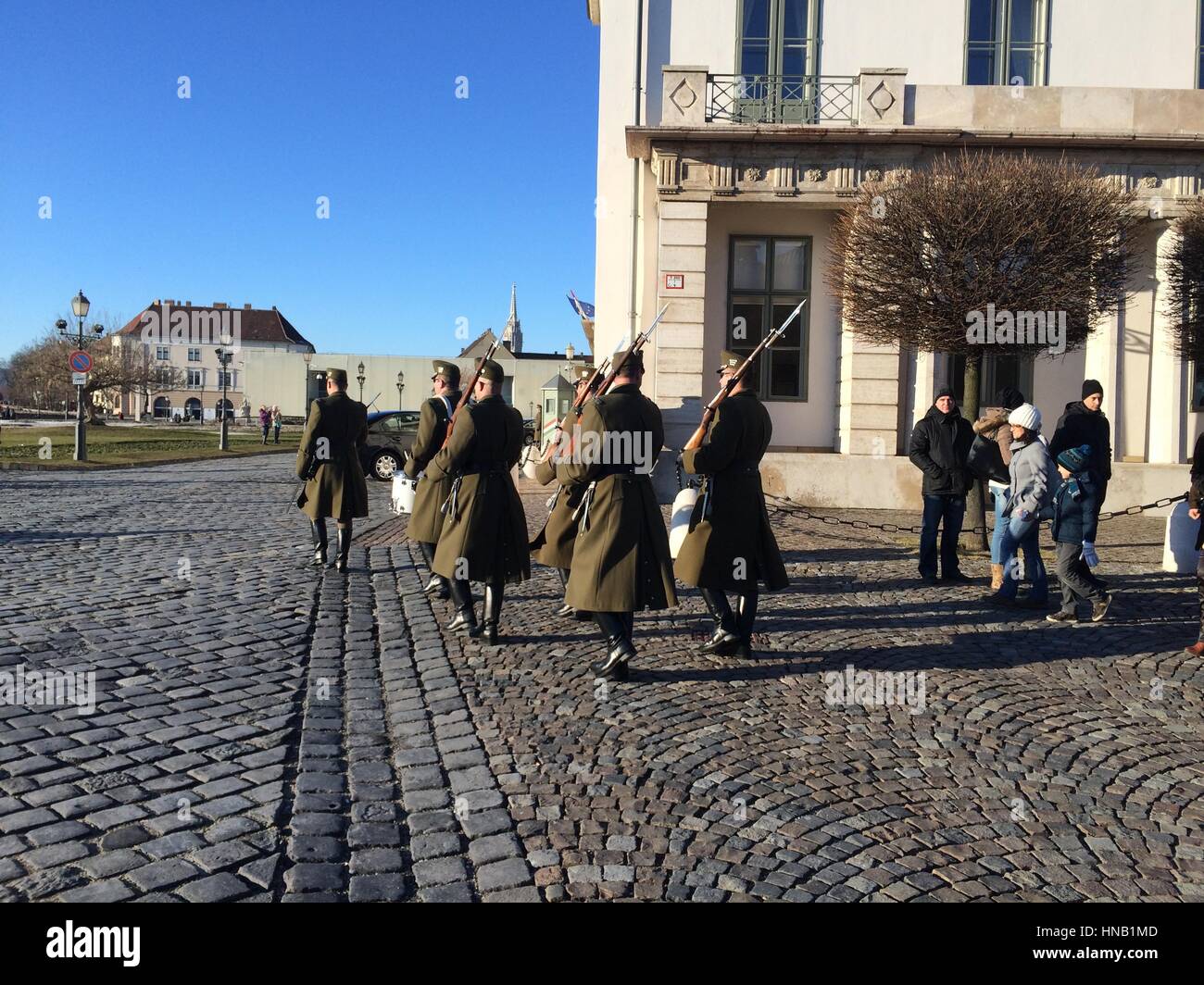 Soldiers marching on Castle Hill in Budapest, Hungary Stock Photo