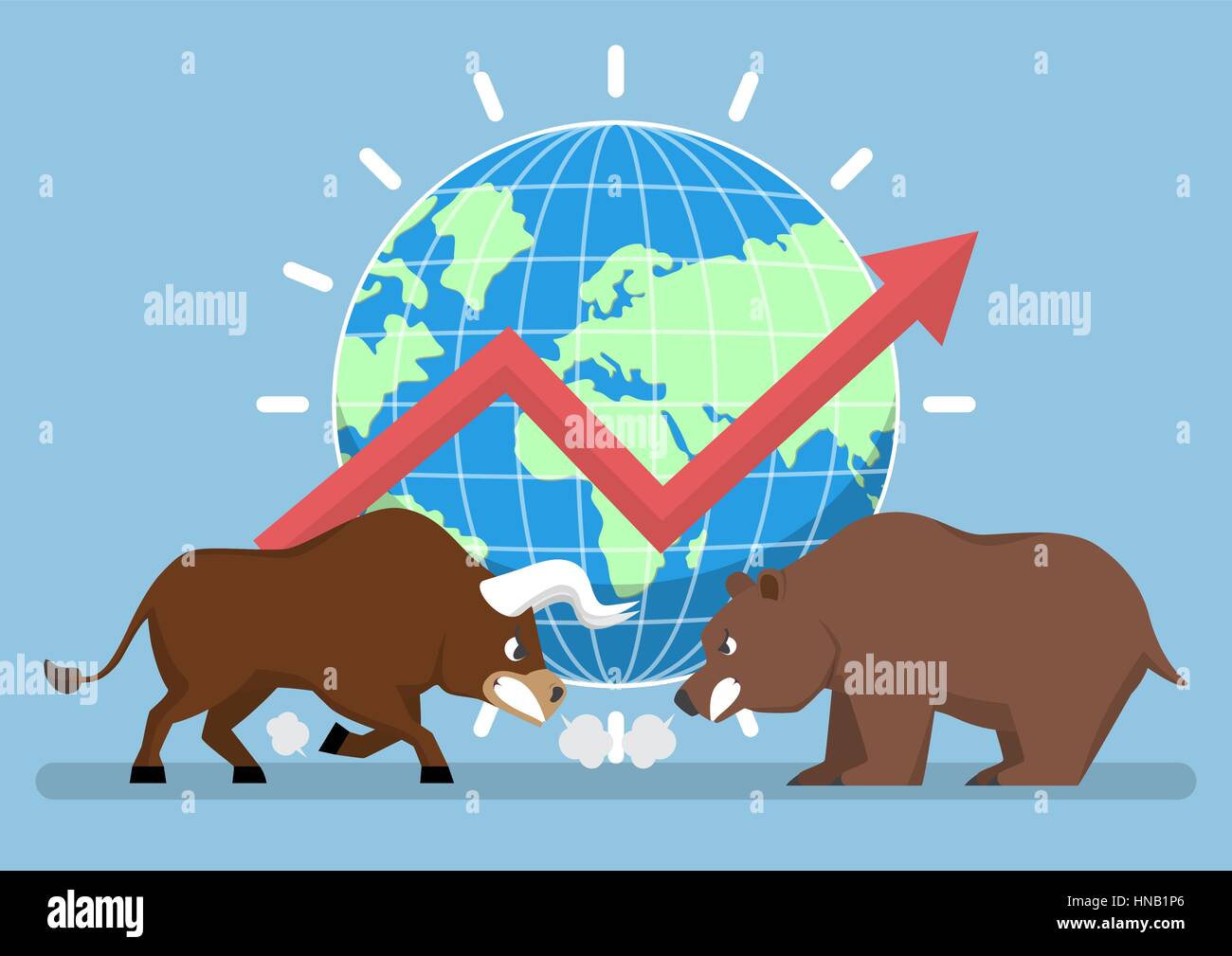 Bull and bear with world and graph in background, stock market trend concept Stock Vector