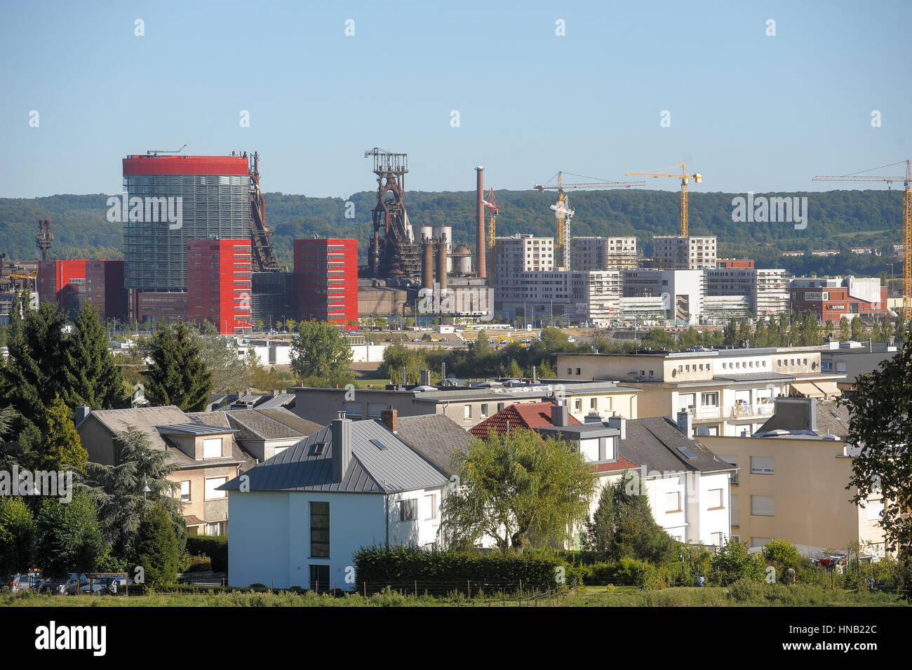 Esch-sur-Alzette, Belval, Luxembourg View of the new project city of Belval, with Arcelor Mittal Factory, RBC Dexia bank building, futur Luxembourg Un Stock Photo