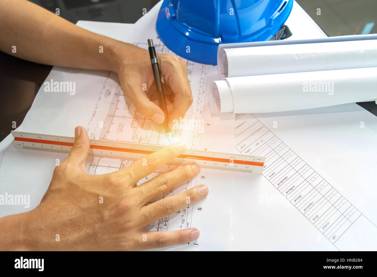 engineering diagram blueprint paper drafting project sketch architectural ,selective focus. Stock Photo