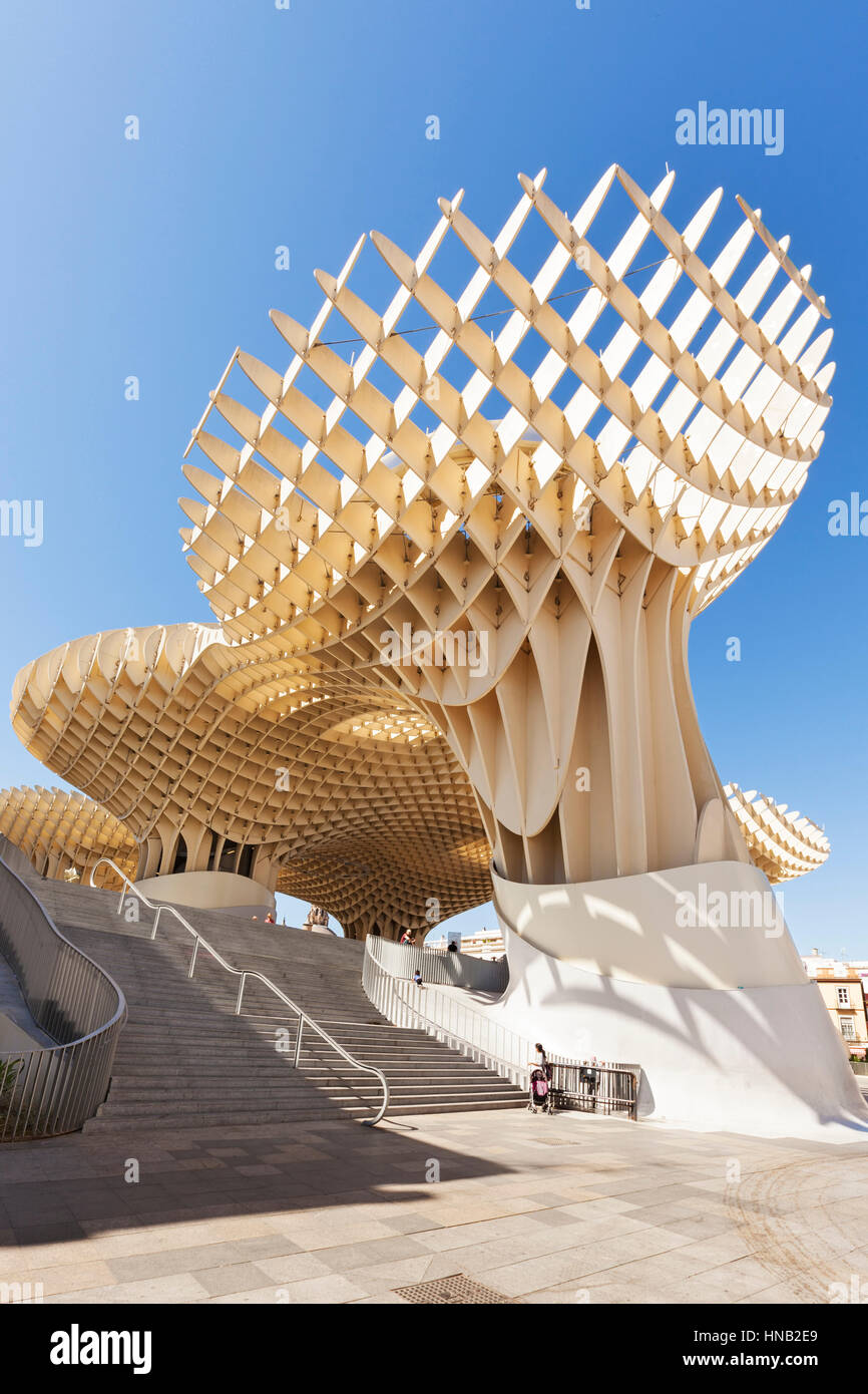Seville, Spain - May 1, 2016: Metropol Parasol on Plaza de la Encarnacion. The wooden structure designed by architect Juergen Mayer H. is made from bo Stock Photo