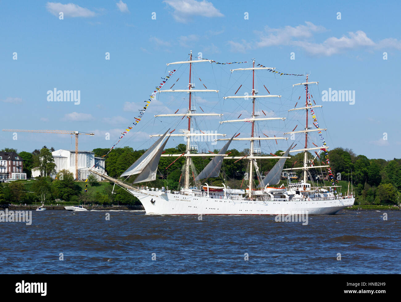 Hamburg, Germany - May 8, 2016: Polish tall ship Dar Mlodziezy on the Elbe river during the departure parade of 827th Hamburg Port Anniversary Stock Photo