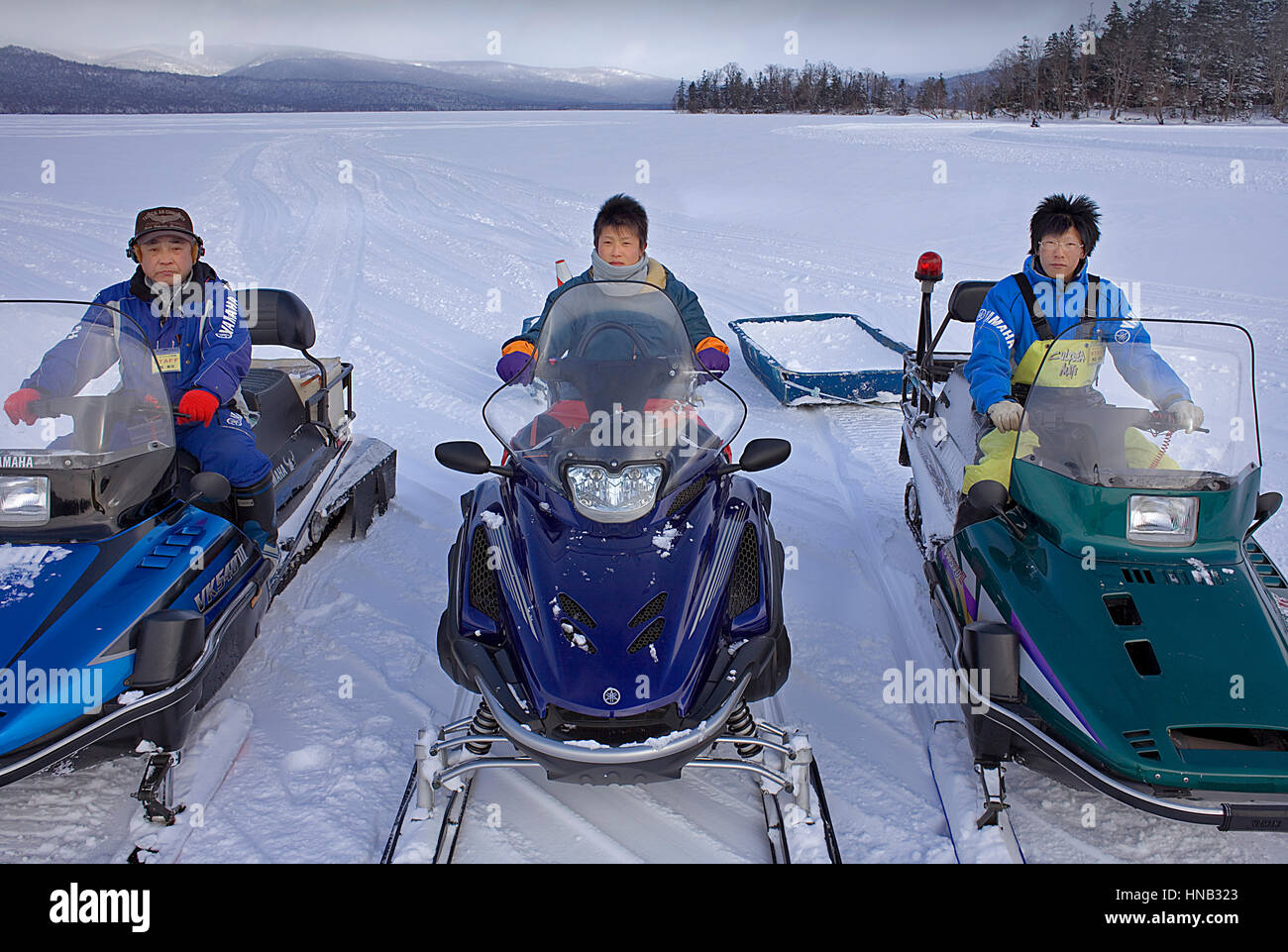 snowmobiles.,Akankohan,Akan lake,Akan National Park,Hokkaido,Japan Stock Photo