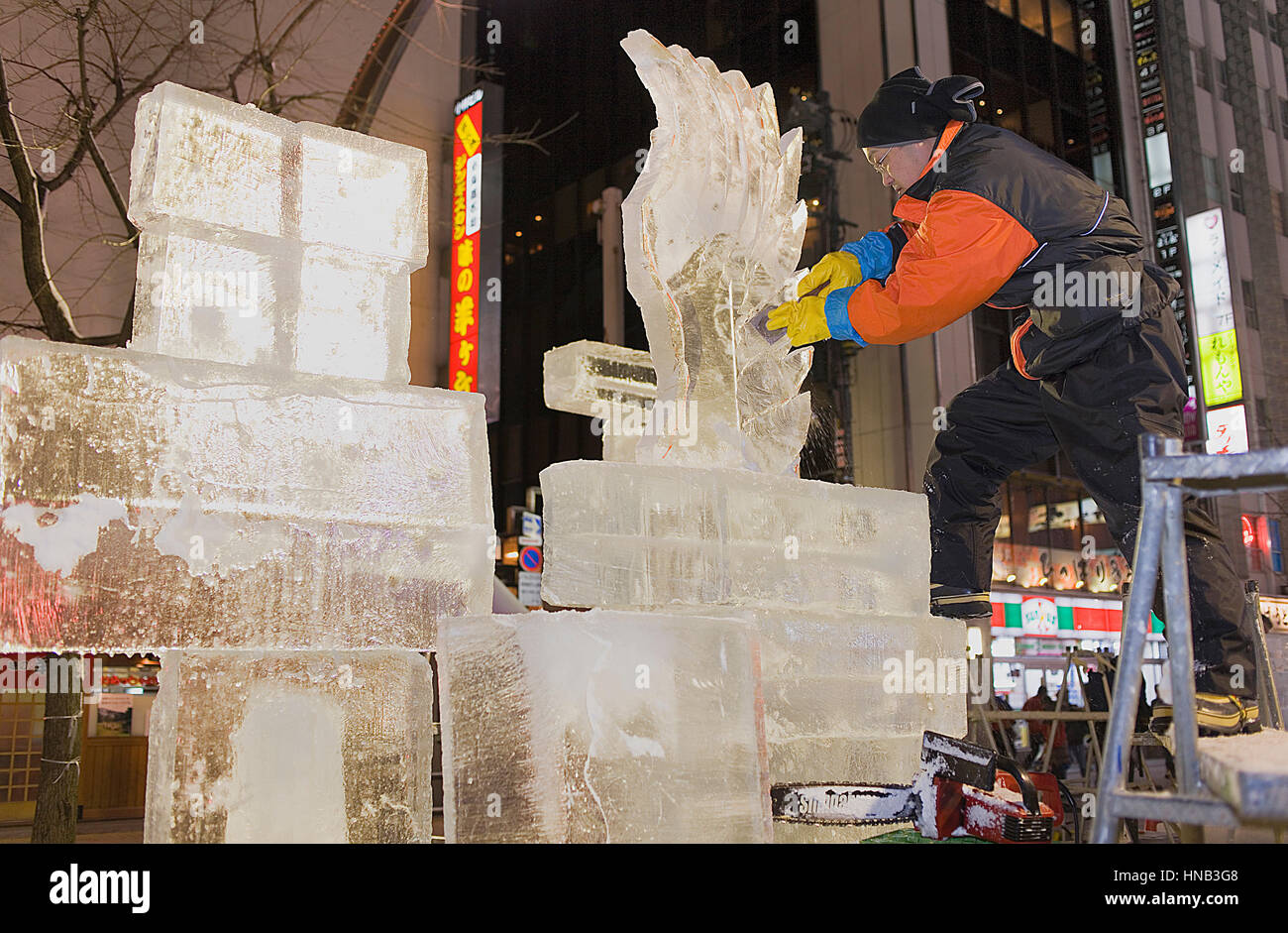 Preparing the Sapporo snow festival,ice sculpture,Sapporo Ekimae dori,Susukino entertainment district ,Sapporo, Hokkaido, Japan Stock Photo