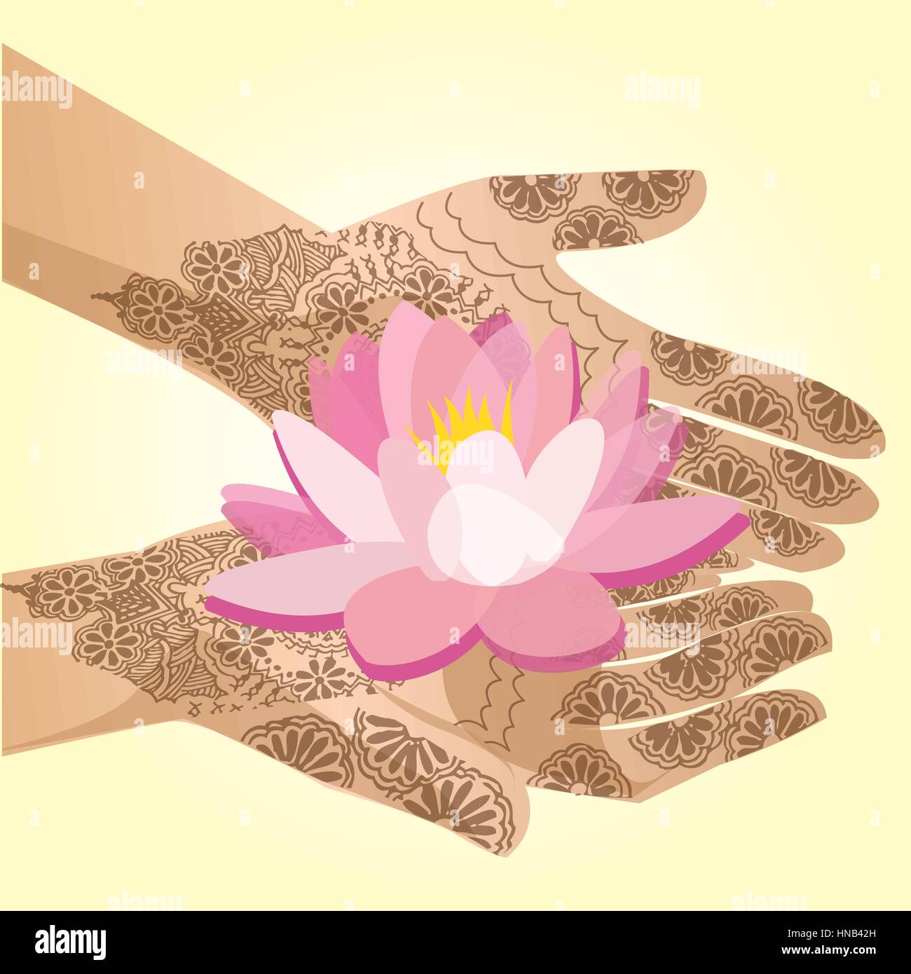 Hands decorated with henna indian woman holding a lotus flower Stock Vector