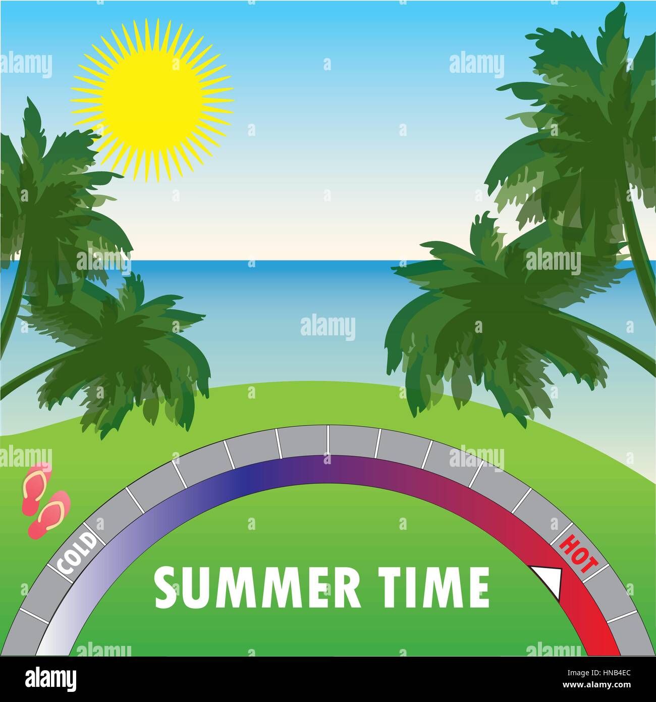 Summer background with palm trees and the sea and the scale of temperature. Vector. Stock Vector