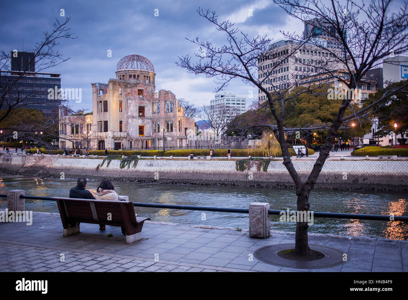 Atomic Bomb Dome (Gembaku) and Motoyasugawa river, Peace Park, Hiroshima, Japan Stock Photo