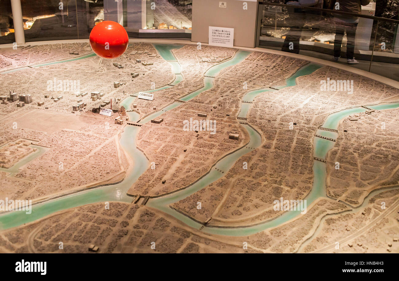 The red ball shows the hypocenter in a city map, Hiroshima Peace Memorial Museum, Hiroshima, Japan Stock Photo