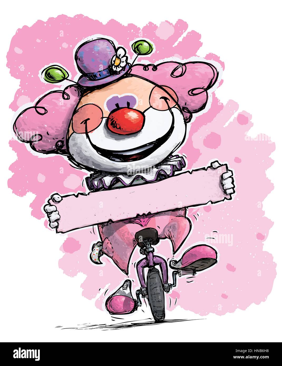 CartoonArtistic illustration of a Clown on Unicycle Holding a Label