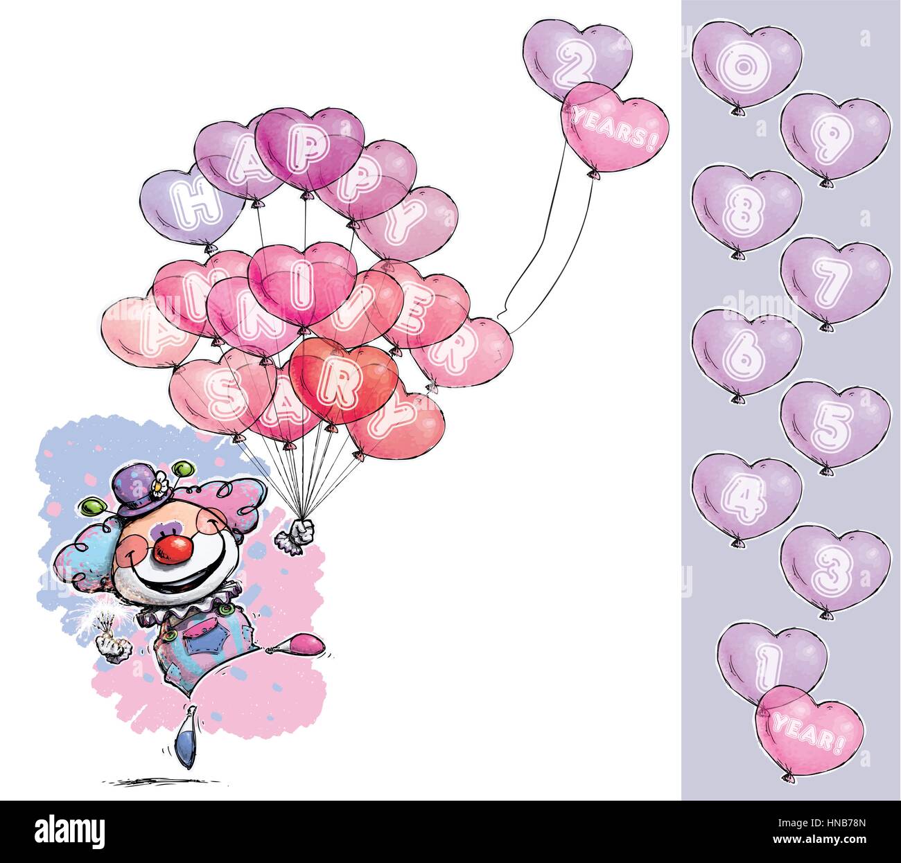 Cartoon/Artistic illustration of a Clown with Heart Balloons Saying Happy Anniversary - Baby Colors.  Number balloon has '1' to '0' in place on an ind Stock Vector
