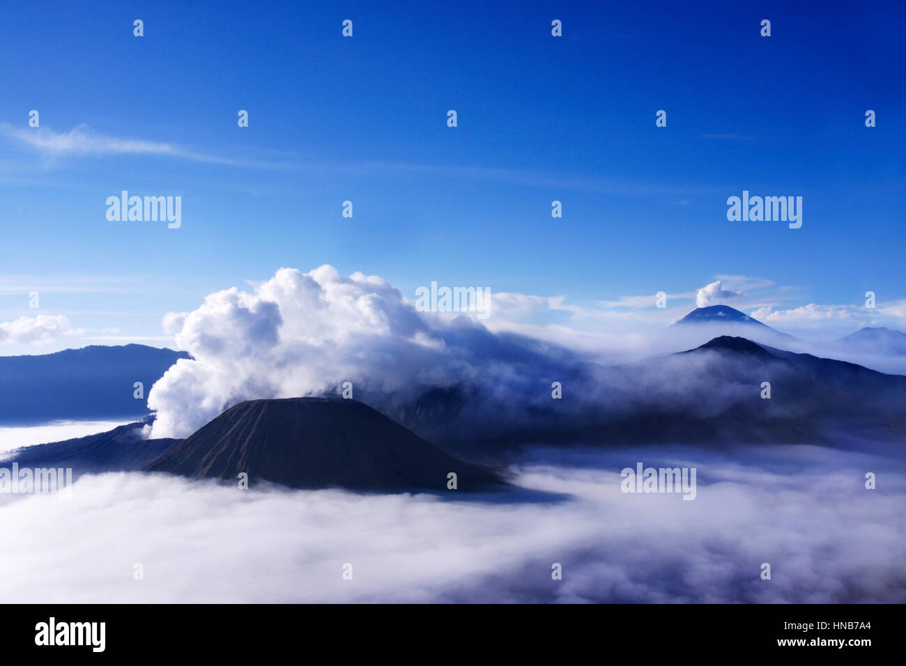 Volcanoes seen from Mount Penanjakan Indonesia. Stock Photo