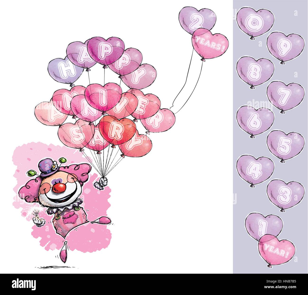 Cartoon/Artistic illustration of a Clown with Heart Balloons Saying Happy Anniversary - Girl Colors.  Number balloon has '1' to '0' in place on an ind Stock Vector
