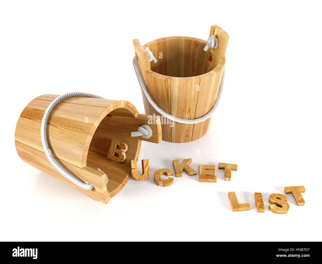 Wood buckets with letters on white background, bucket list concept Stock Photo