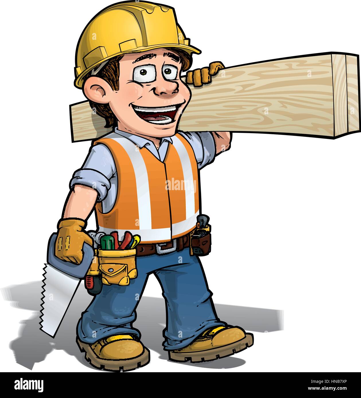 Cartoon illustration of a construction worker - carpenter carrying