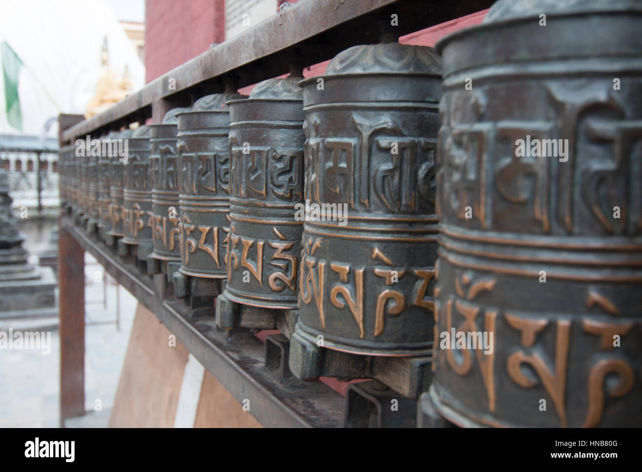 Buddhist prayer wheels at the Swayambhunath pagoda, Kathmandu, Nepal