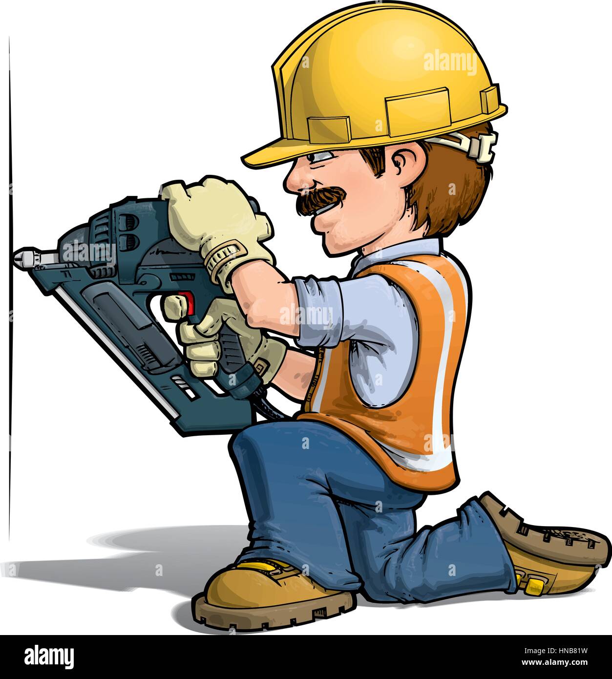Cartoon illustration of a construction worker nailing with a nail-gun. Stock Vector