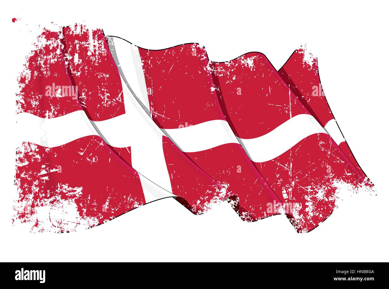 Grunge Vector Illustration of a waving Danish flag. All elements neatly organized. Texture, Lines, Shading & Flag Colors on separate layers for easy e Stock Vector