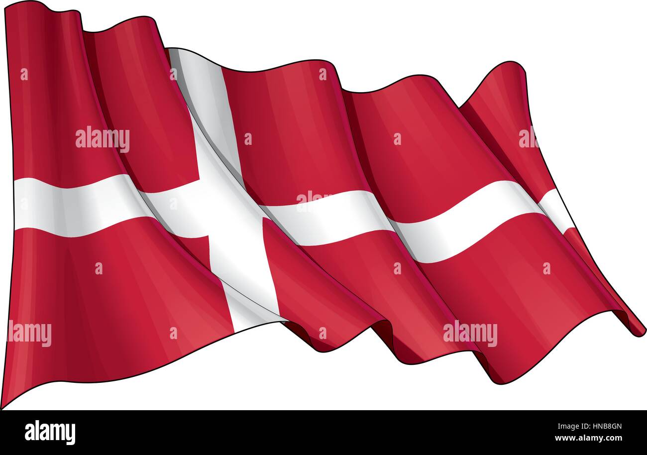 Vector Illustration of a waving Danish flag. All elements neatly organized. Lines, Shading & Flag Colors on separate layers for easy editing. Stock Vector
