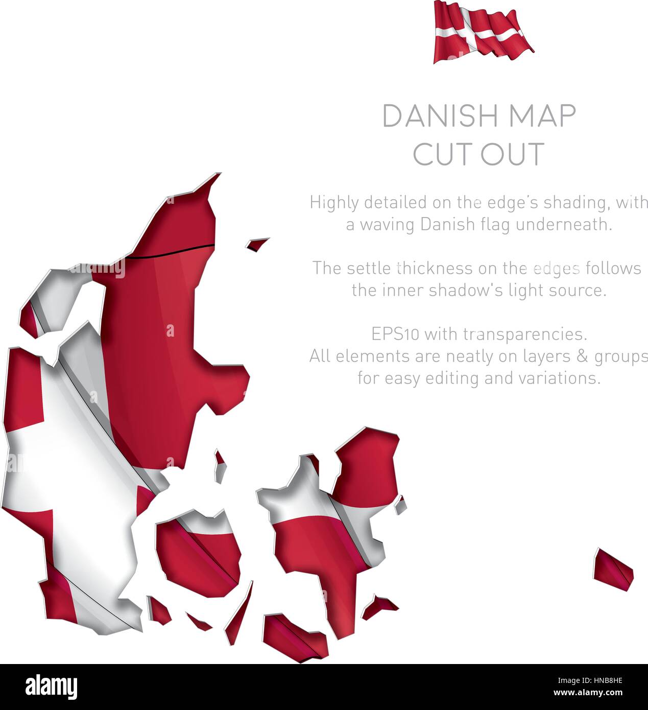 Vector Illustration of a cut out Map of Denmark with a waving Danish flag underneath. All elements neatly on layers and groups for easy editing and va Stock Vector