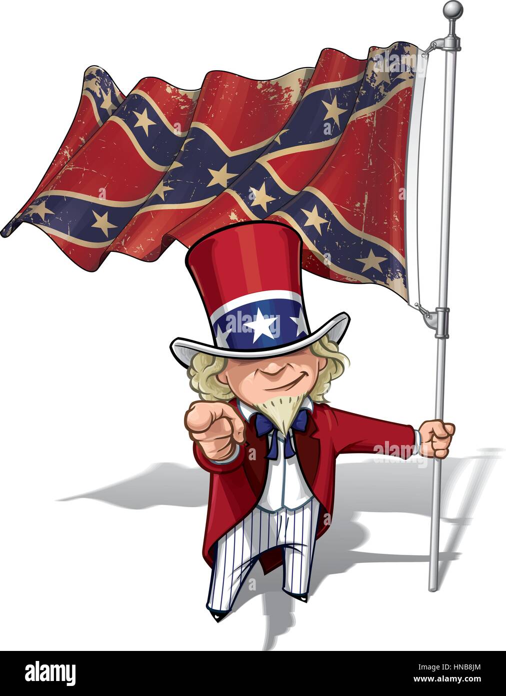 Vector Cartoon Illustration of South Uncle Sam holding a waving a American civil war South Flag (Stars and Bars), pointing 'I want you'. Flag's textur Stock Vector