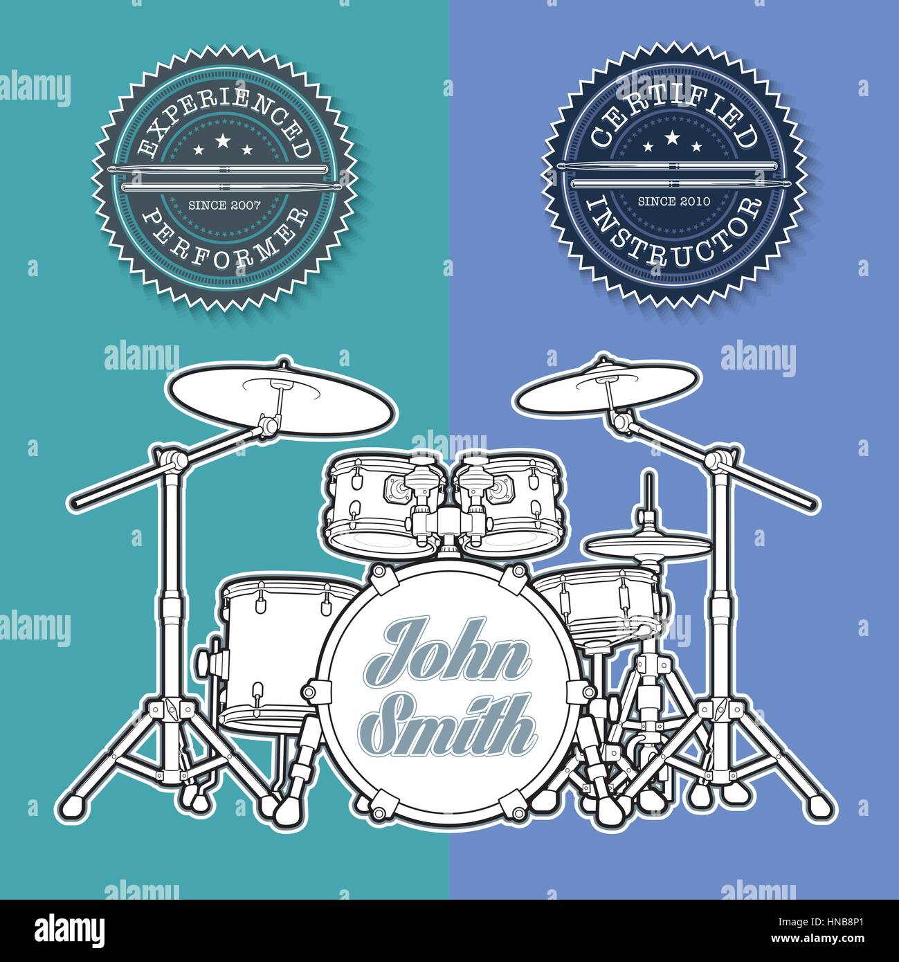 Vector Illustration of a Drum Kit and Seals for Instructors and Performers.  All element neatly on well-defined layers and groups for easy editing. Stock Vector