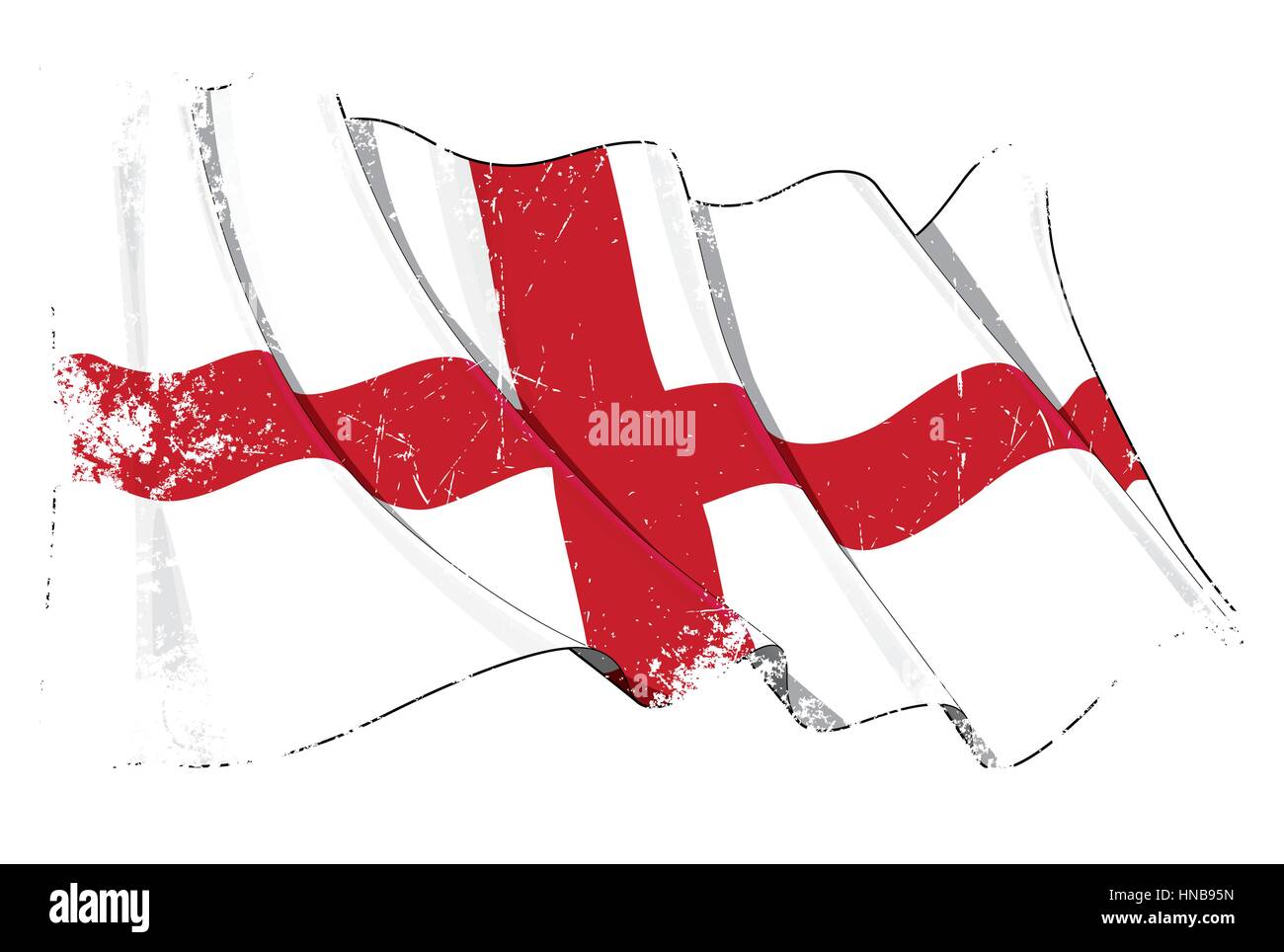 Grunge Vector Illustration of a waving English flag. All elements neatly organized. Texture, Lines, Shading & Flag Colors on separate layers for easy  Stock Vector
