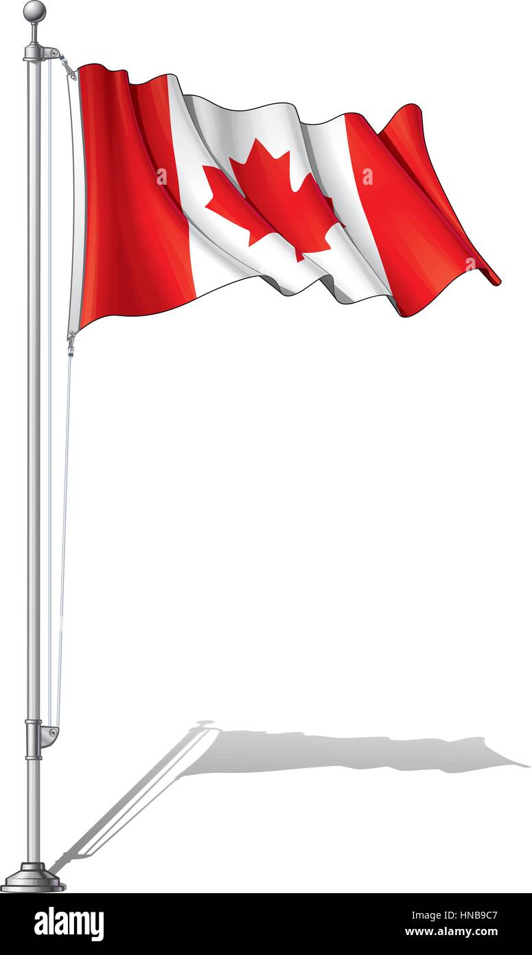 Vector Illustration of a waving Canadian flag fasten on a flag pole. Flag and pole in separate layers, line art, shading and color neatly in groups fo Stock Vector