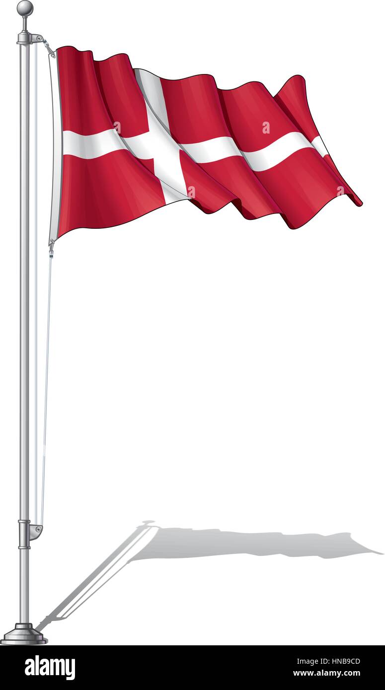 Vector Illustration of a waving Danish flag fasten on a flag pole. Flag and pole in separate layers, line art, shading and color neatly in groups for  Stock Vector