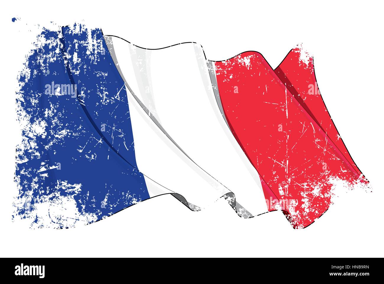 Grunge Vector Illustration of a French waving flag. All elements neatly organized. Texture, Lines, Shading & Flag Colors on separate layers for easy e Stock Vector