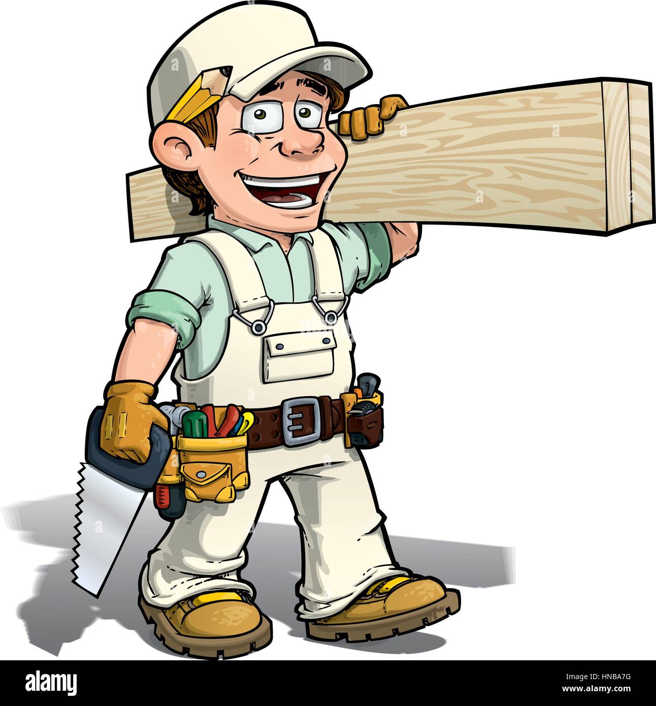 Cartoon illustration of a handyman carpenter carrying planks of Stock