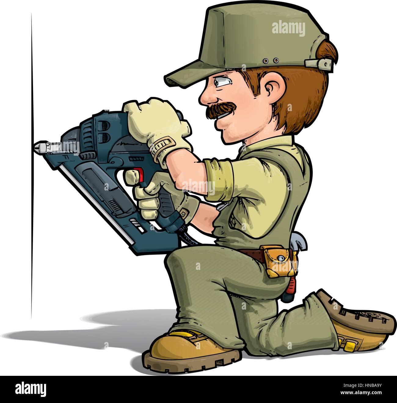 Cartoon illustration of a handyman nailing with a nail-gun. Stock Vector