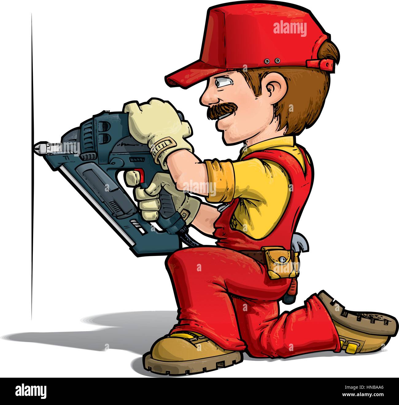 Cartoon illustration of a handyman nailing with a nail-gun. Stock Vector