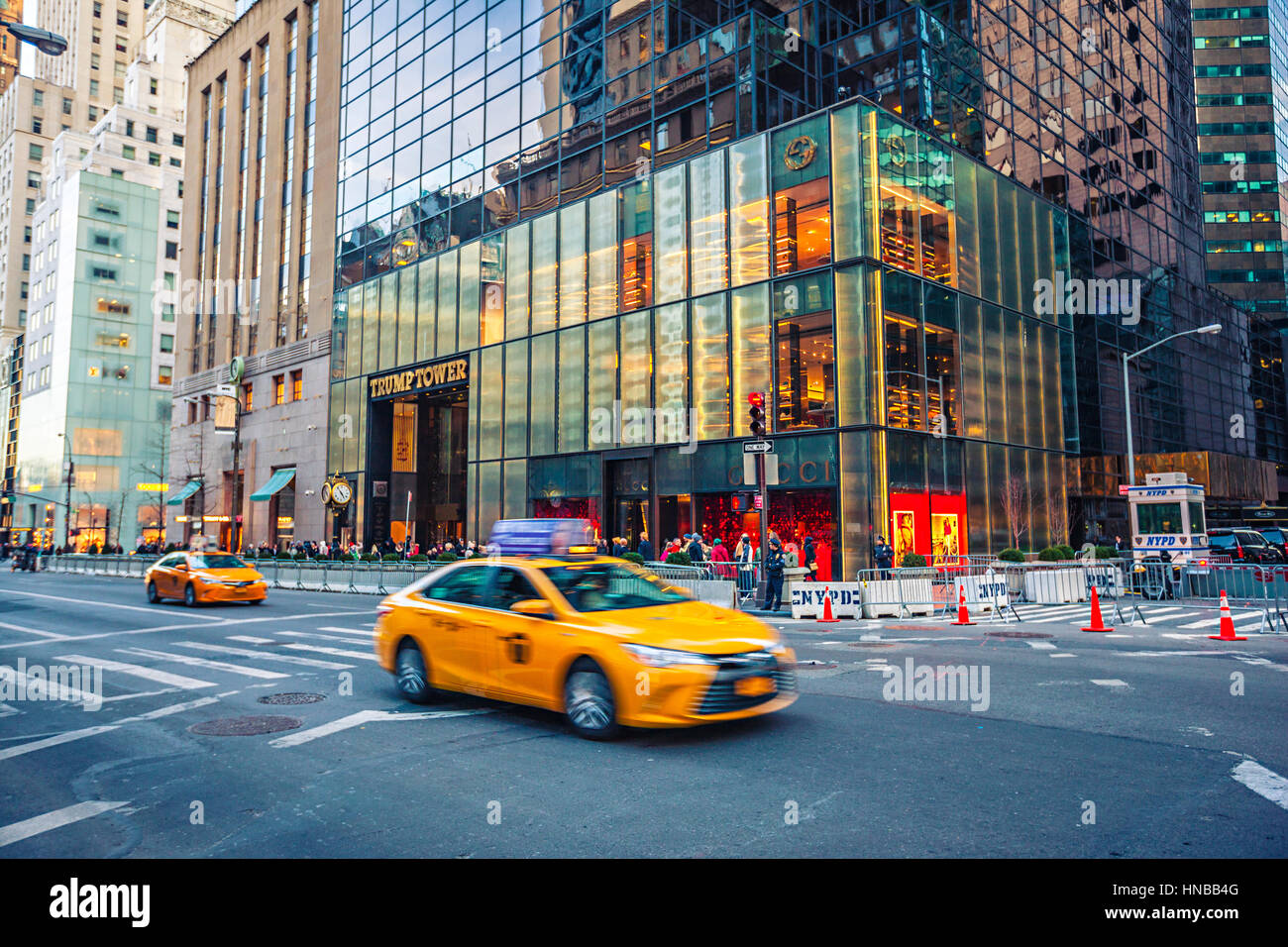Taxi on fifth street in front of Trump Tower, Manhattan, New York Stock Photo