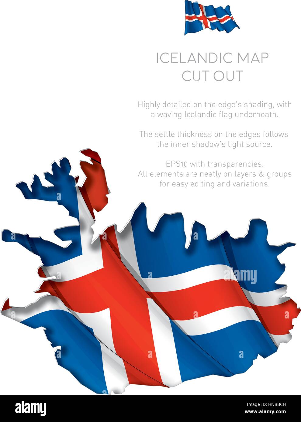 Vector Illustration of a cut out Map of Iceland with a waving Icelandic flag underneath. All elements neatly on layers and groups for easy editing and Stock Vector