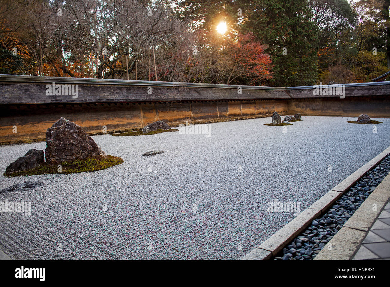 Sunset, Zen garden in Ryoanji temple,UNESCO World Heritage Site,Kyoto, Japan Stock Photo