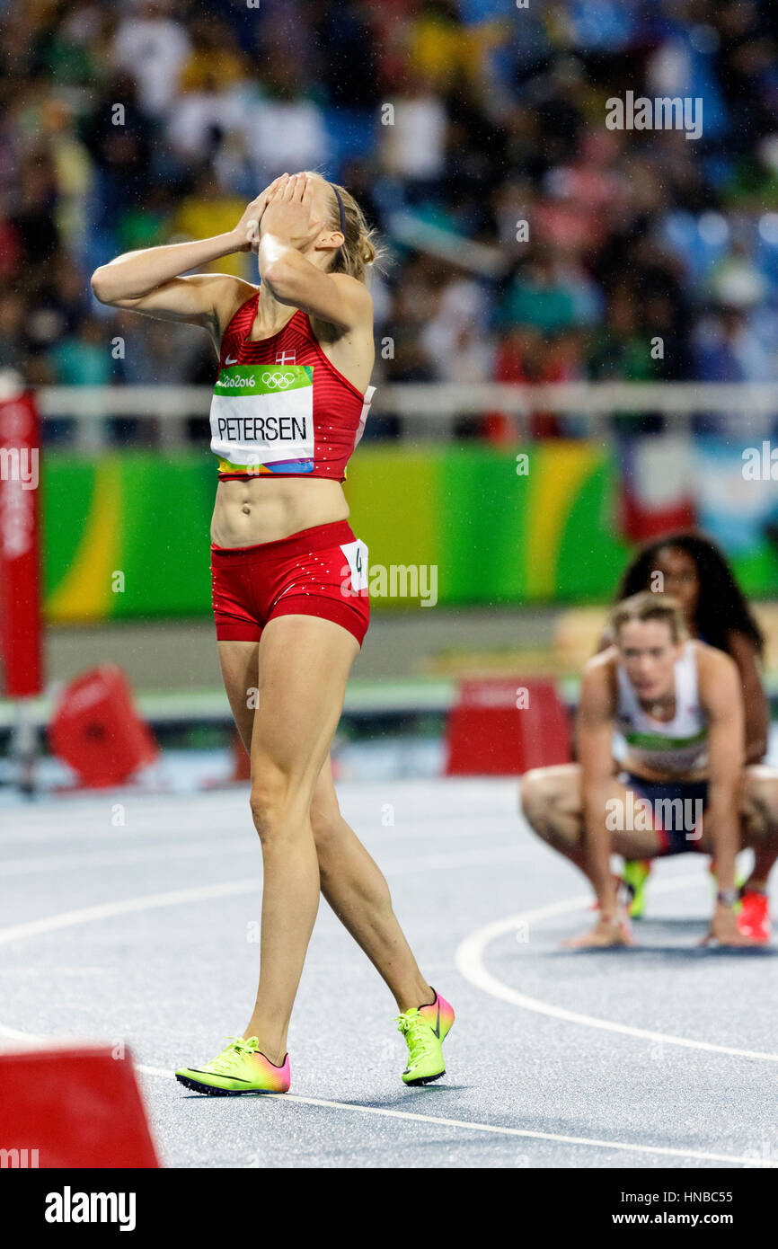 Rio de Janeiro, Brazil. 18 August 2016.  Athletics, Sara Slott Petersen (DEN) wins the silver medal in the Women's 400m Hurdles finals at the 2016 Oly Stock Photo
