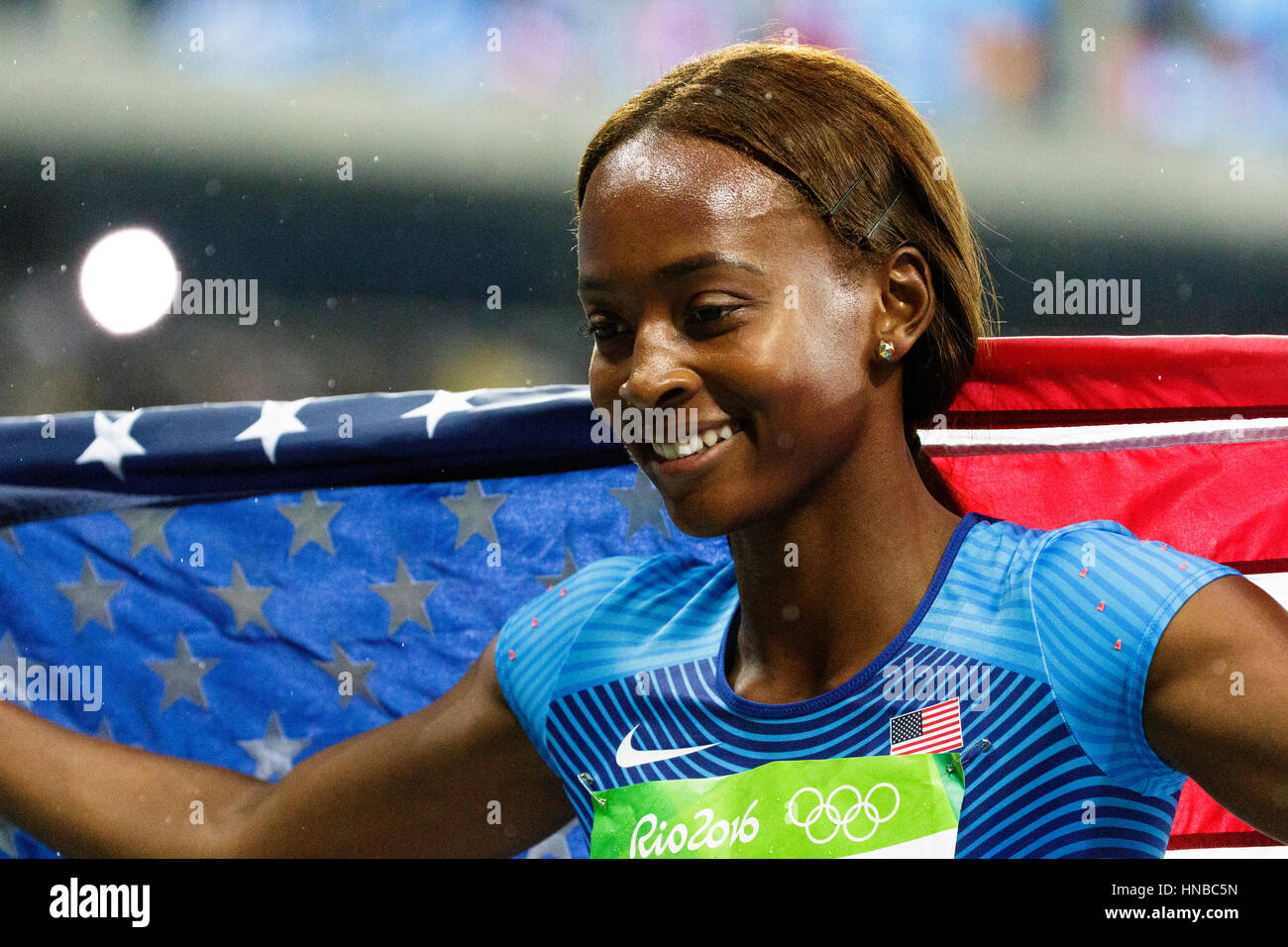 Rio de Janeiro, Brazil. 18 August 2016.  Athletics, Dalilah Muhammad (USA) wins the gold medal in the Women's 400m Hurdles finals at the 2016 Olympic Stock Photo