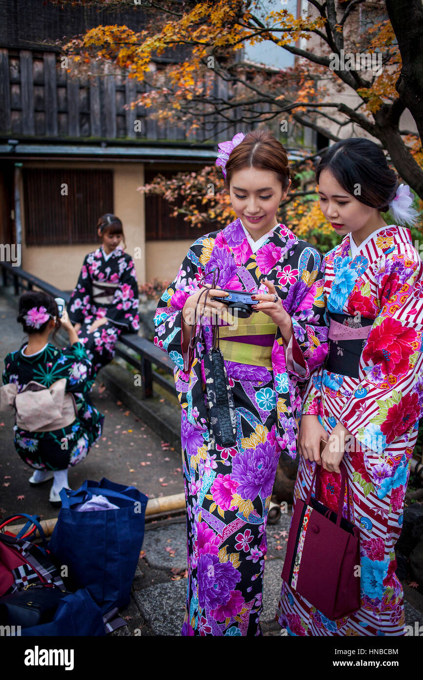 women, girls, teenager, girl, dressed in kimono, in Shirakawa-minami-dori,  Gion district, Kyoto. Kansai, Japan Stock Photo - Alamy