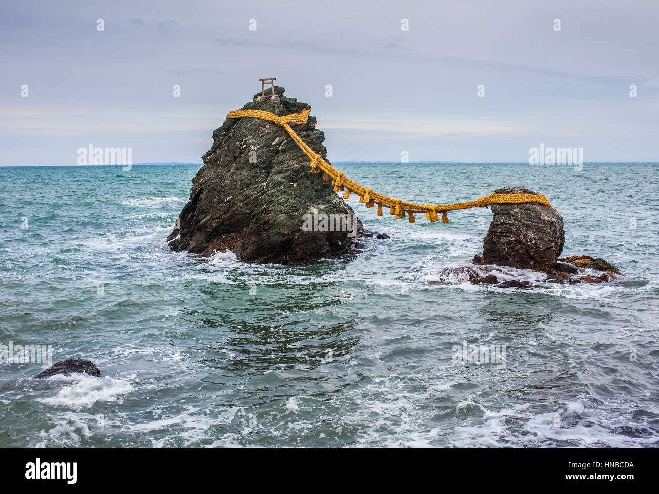 Meoto-Iwa, Wedded Rocks, off the coast of Futamigaura Beach, Futami Town on the in Mie Prefecture, Japan. Stock Photo