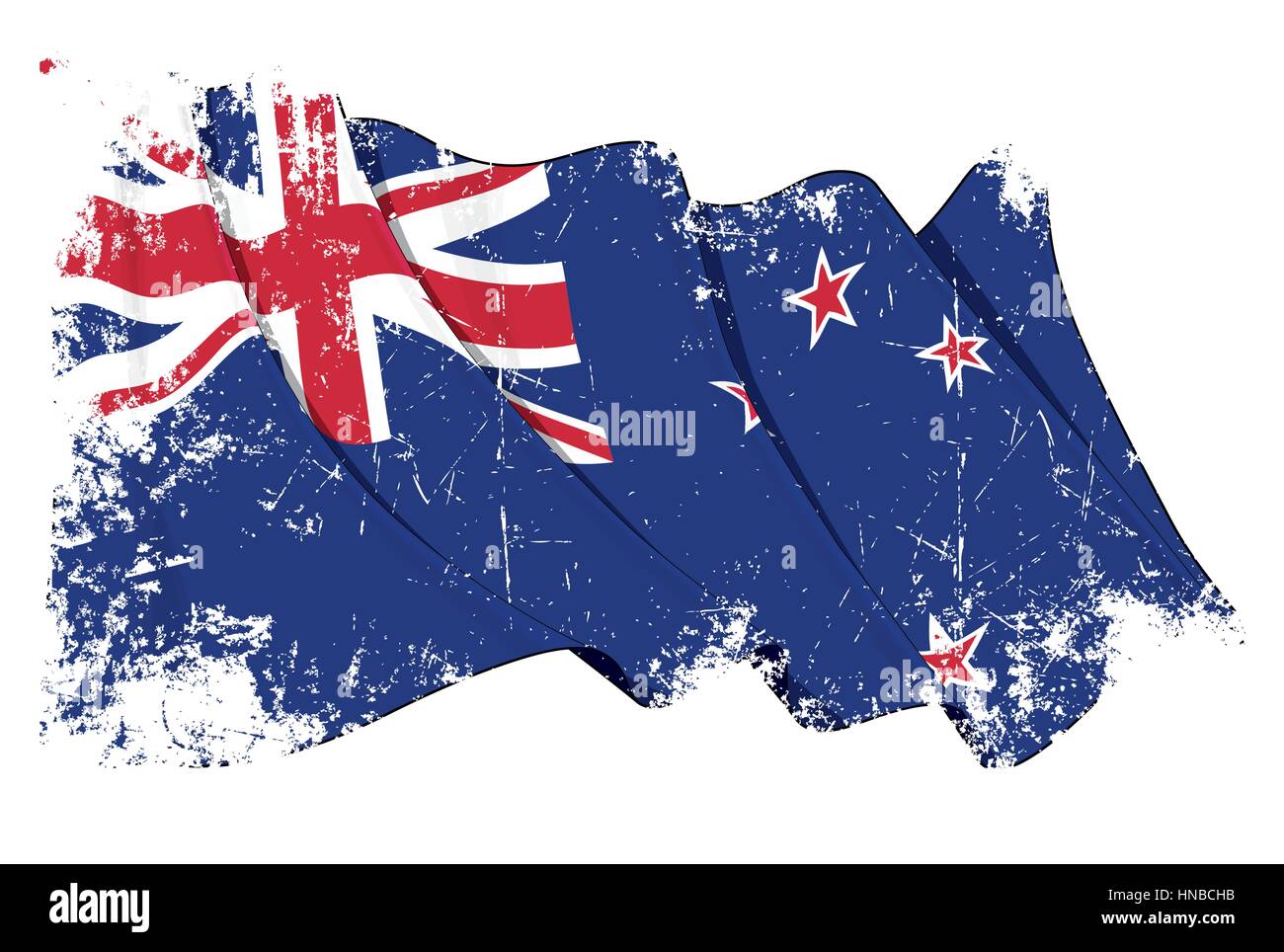 Grunge Vector Illustration of a Waving New Zealand Flag. All elements neatly organized. Texture, Lines, Shading & Flag Colors on separate layers for e Stock Vector