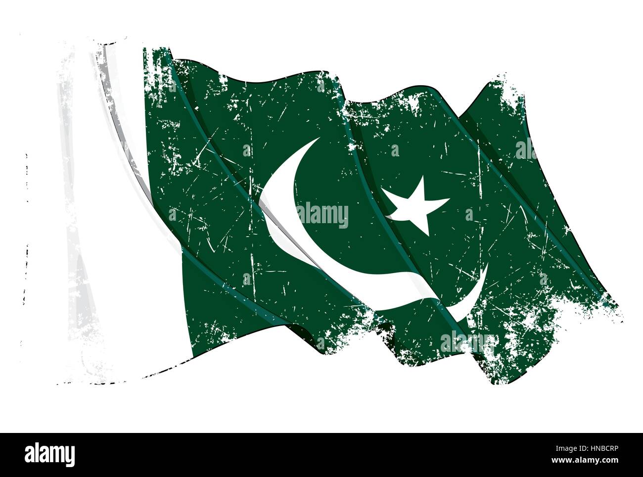 Grunge Vector Illustration of a Waving Pakistani Flag. All elements neatly organized. Texture, Lines, Shading & Flag Colors on separate layers for eas Stock Vector