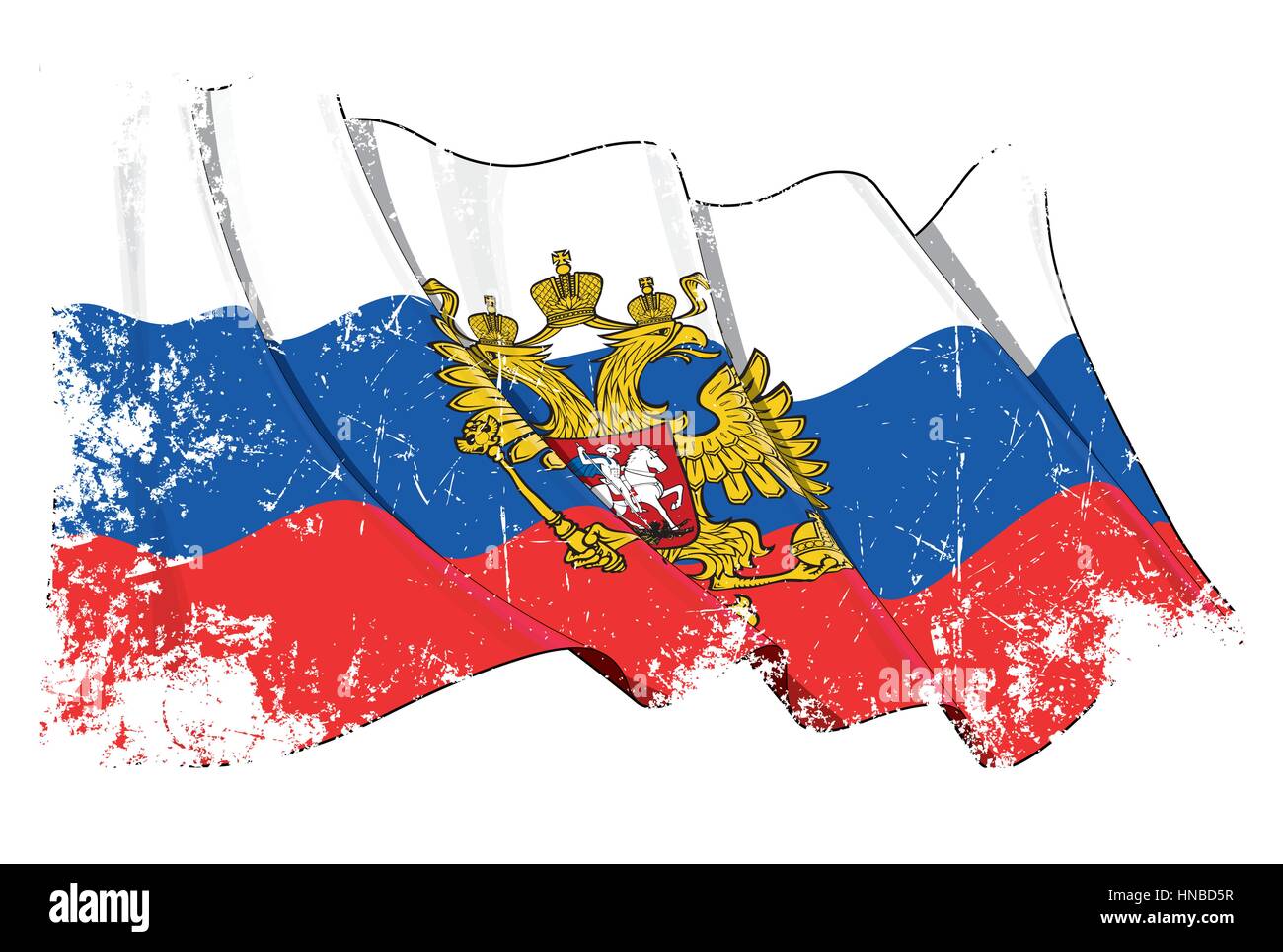Grunge Vector Illustration of a Russian waving State Flag(with the eagle ensign). All elements neatly organized. Texture, Lines, Shading & Flag Colors Stock Vector