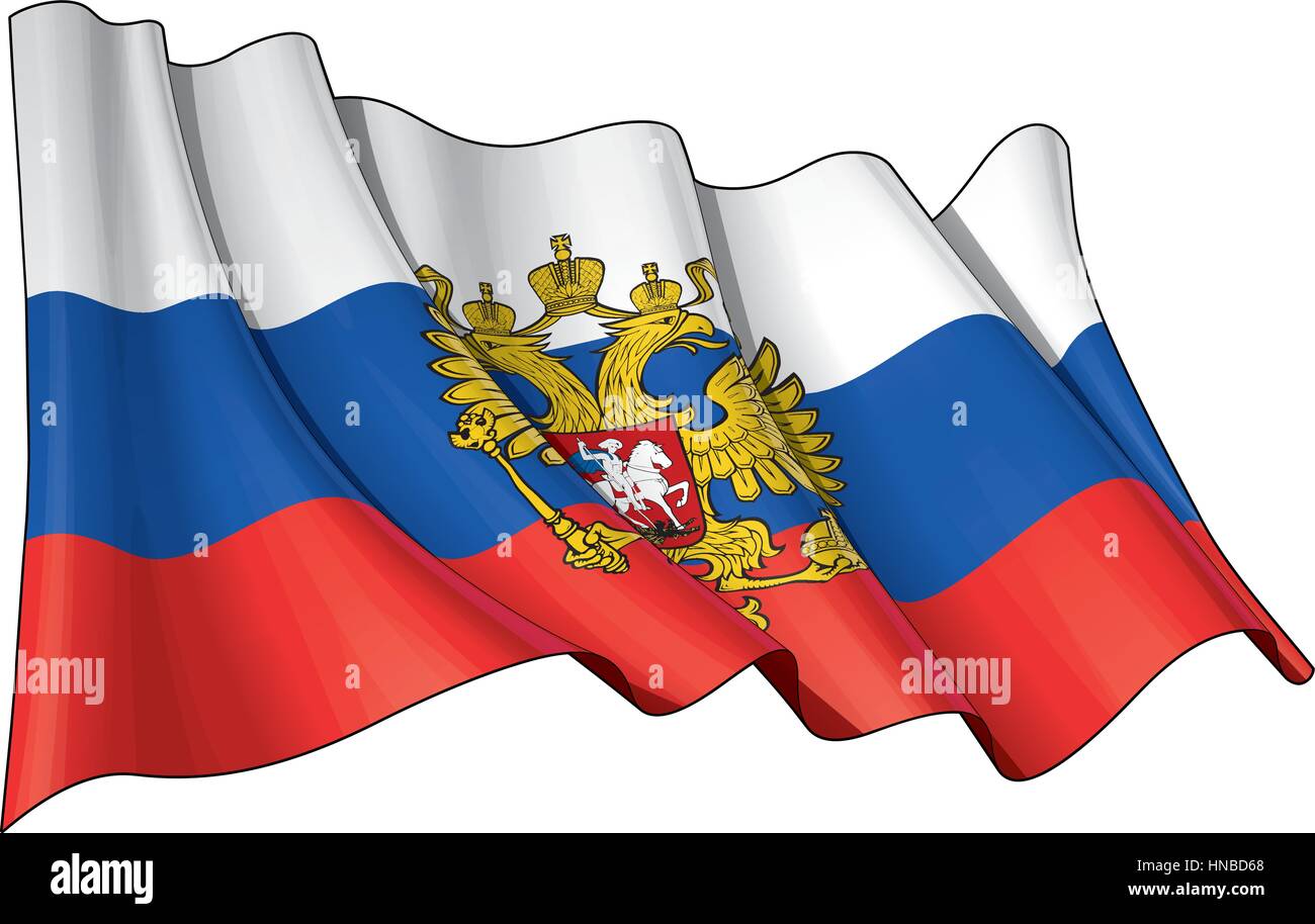 Vector Illustration of a waving Russian State Flag(with the eagle ensign). All elements neatly organized. Lines, Shading & Flag Colors on separate lay Stock Vector