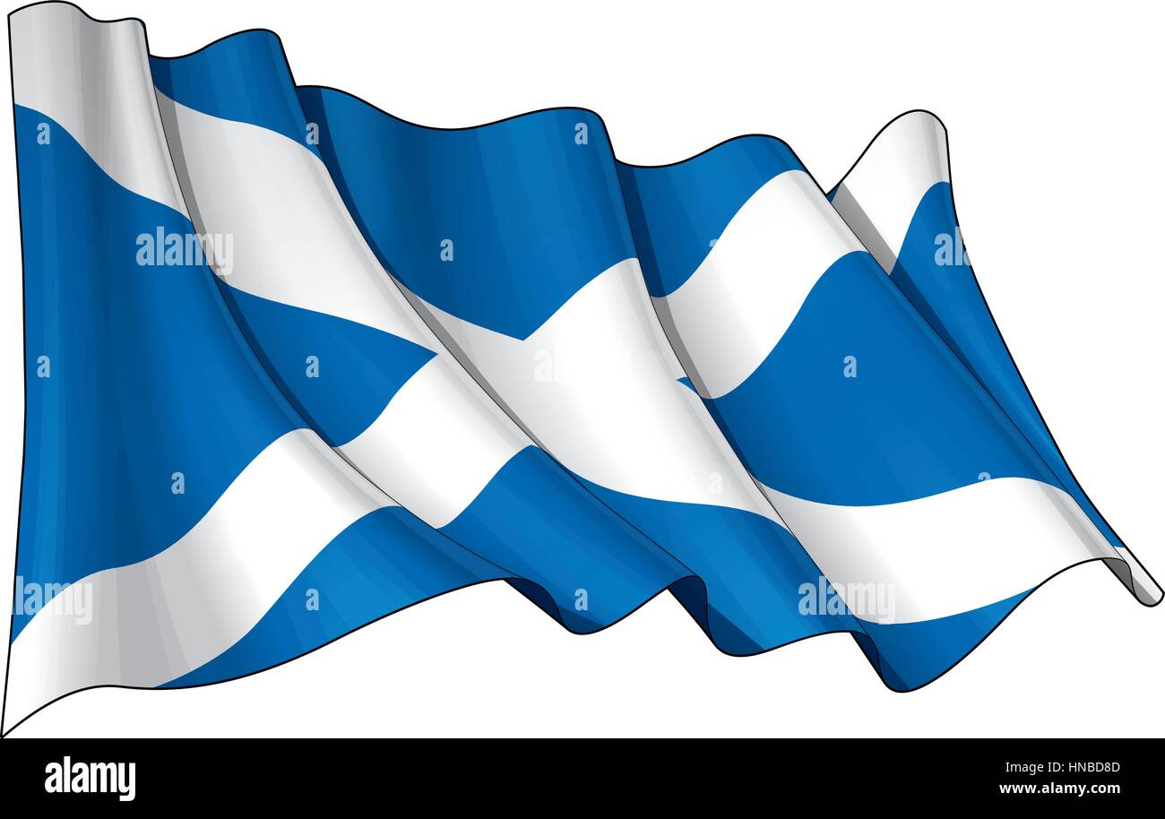Vector Illustration of a waving Scottish flag. All elements neatly organized. Lines, Shading & Flag Colors on separate layers for easy editing. Stock Vector