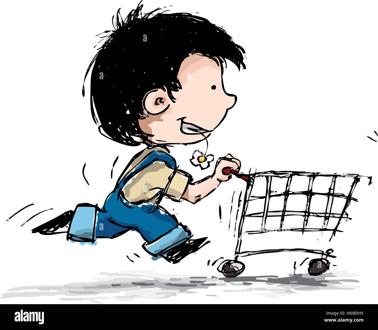 Cartoon illustration of a boy in suspenders running with a shopping cart. Stock Vector