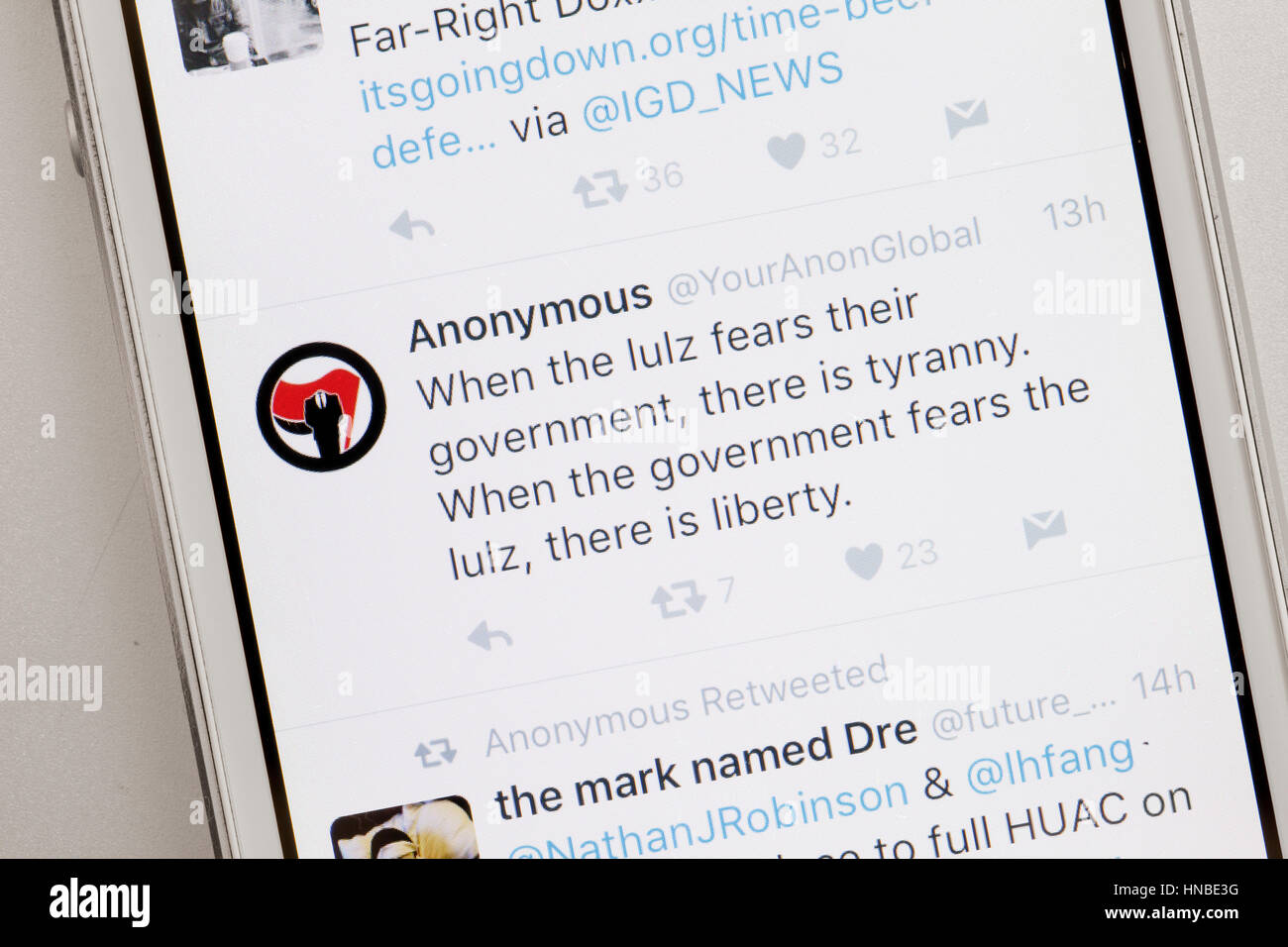 Anonymous twitter message on mobile phone screen - USA Stock Photo