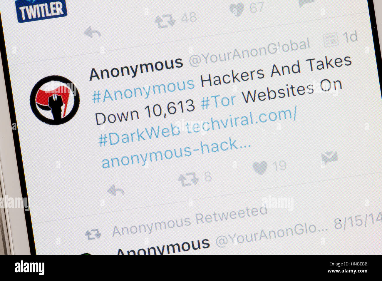 Anonymous twitter message on mobile screen - USA Stock Photo